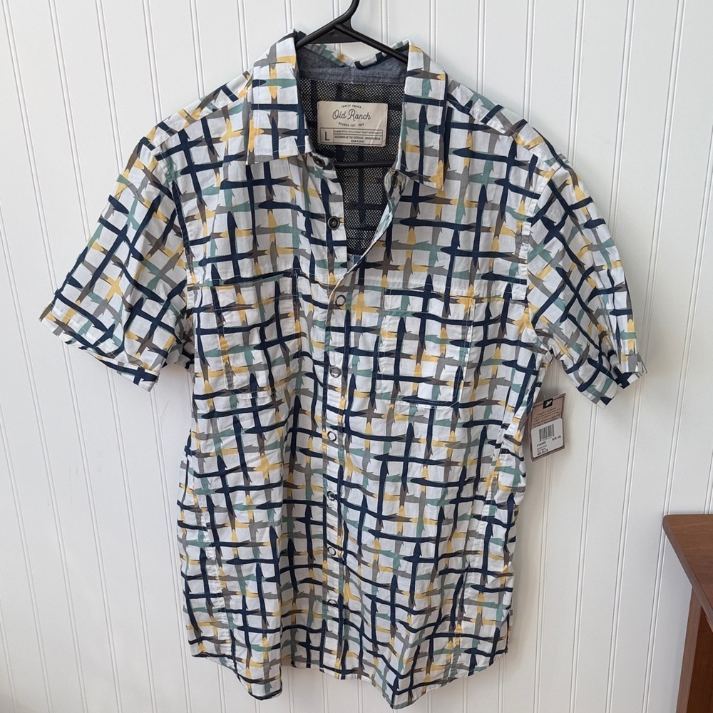 (109)Short-Sleeve Grid-Print Button-Down Shirt in White/Navy/Yellow